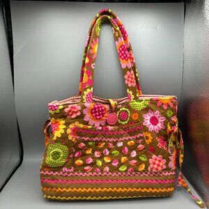 Handmade Quilted Floral Tote Bag Cotton Patchwork Pink Brown Shoulder Bag